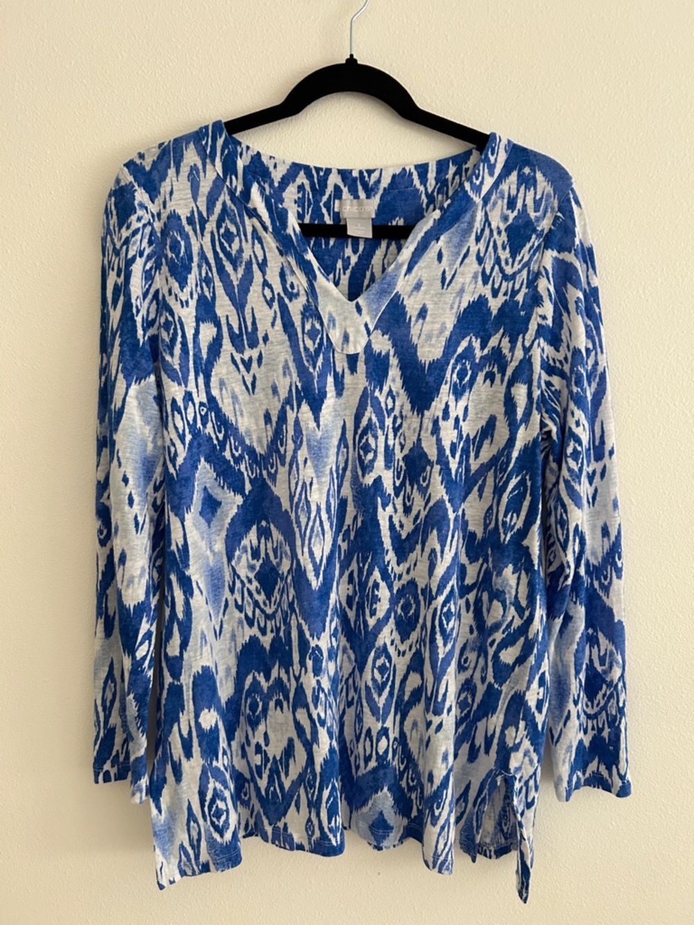 Chico's Blue White Print Notch Neck Linen Tunic Top Shirt Size 2/Large